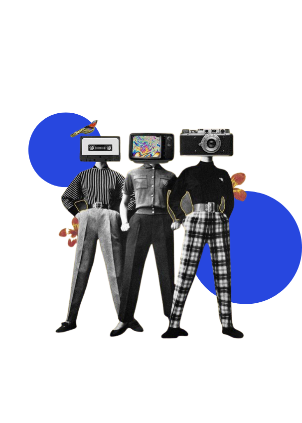 Retro collage illustration of three figures with a cassette tape, television, and camera for heads, symbolizing creative reinvention